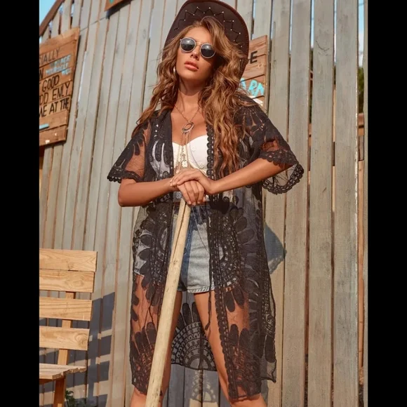 NS015. Bohemian Embroidered Lace Oversized Kimono Cardigan In One Size - Picture 4 of 4